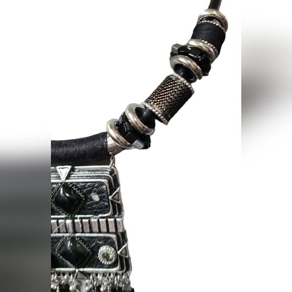 PARIS Necklace Tribal Ethnic Statement Black & Silver Solid Reversible 2… - Picture 3 of 12